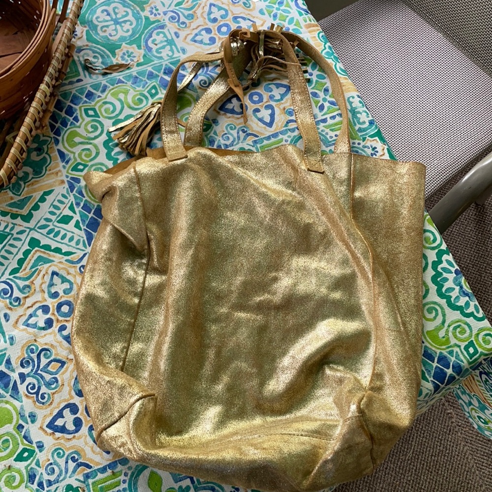 Genuine leather gold metallic tote